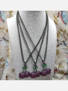 Set Of 3 Swarovski Fuchsia Crystals Cherry Cherries Rock-A-Billy Necklace NEW